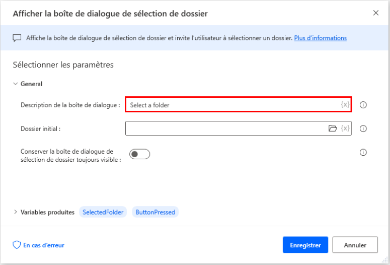 Capture d’écran de la boîte de dialogue de l’action Afficher la boîte de dialogue de sélection de dossier.