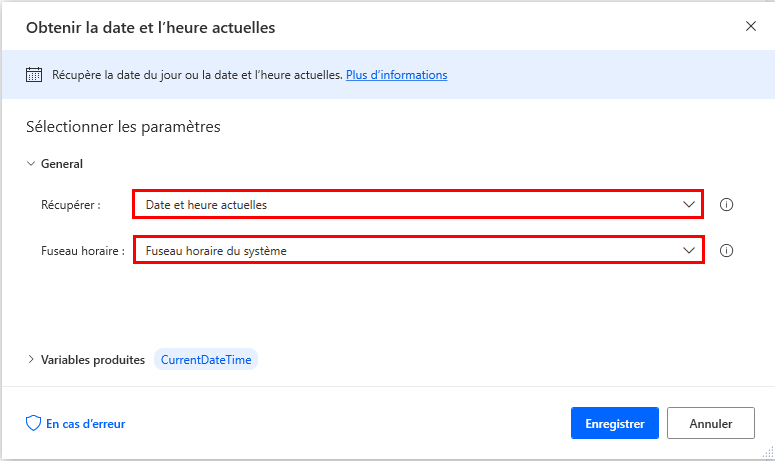 Capture d’écran de la boîte de dialogue de l’action Obtenir la date et l’heure actuelles.