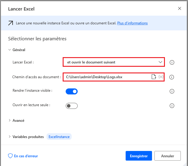 Capture d’écran de la boîte de dialogue de l’action Lancer Excel.