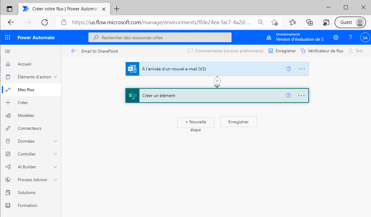 Capture d’écran de l’exemple de flux Power Automate avec SharePoint.