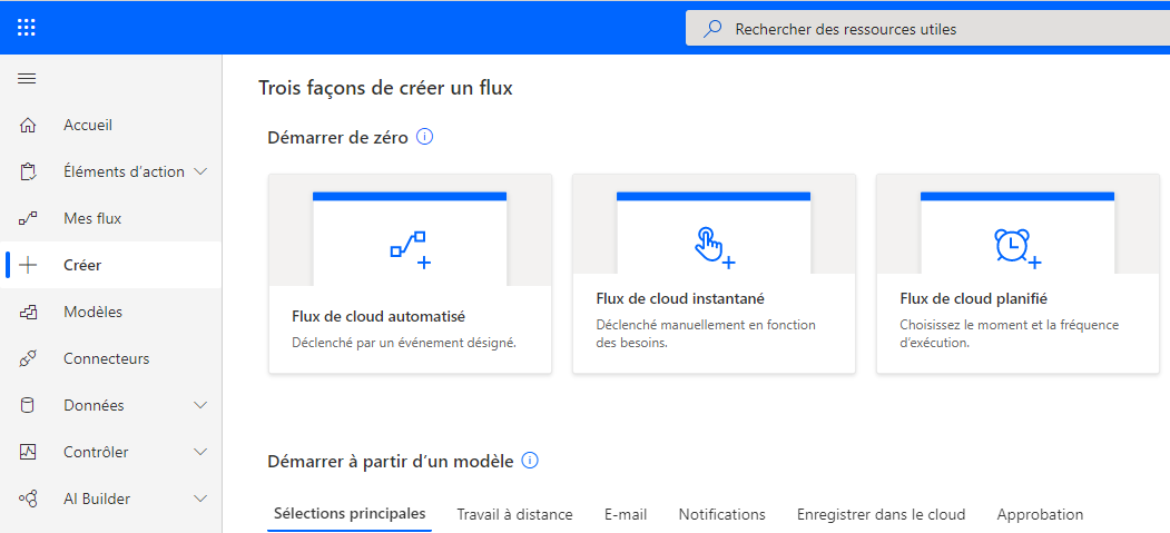 Capture d’écran de la page Créer affichant trois moyens de créer un flux.