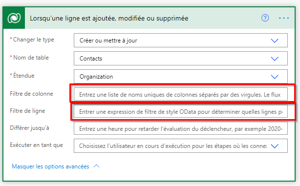 Capture d’écran du connecteur avec des filtres sur le déclencheur.