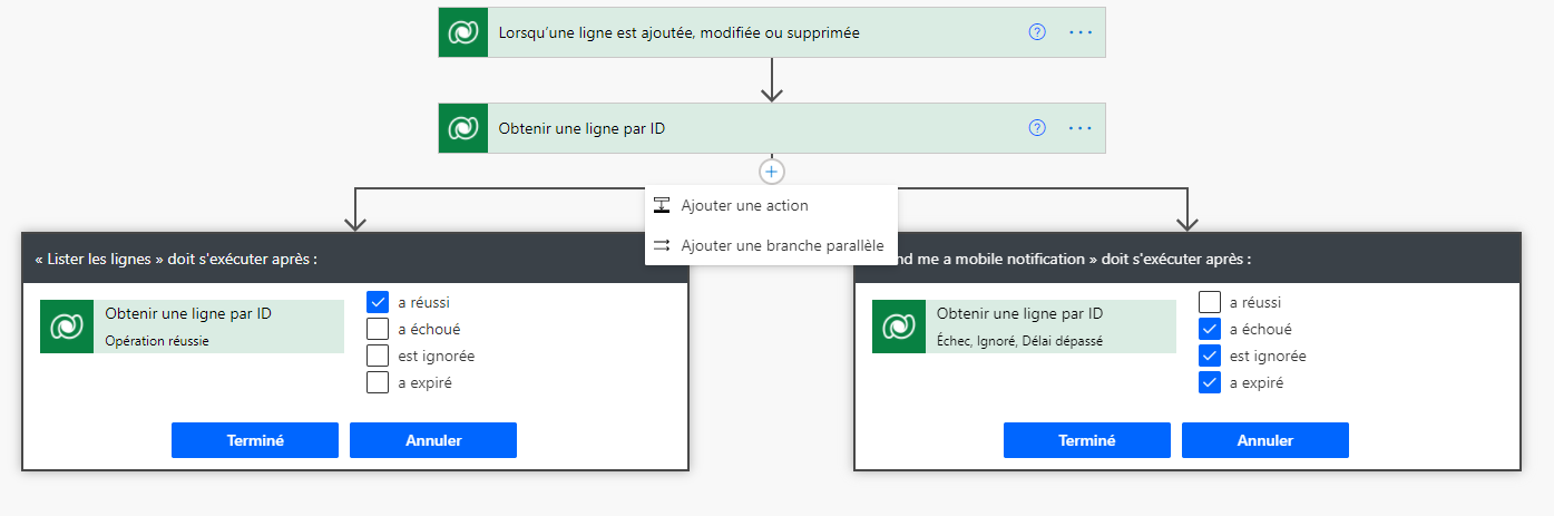 Capture d’écran montrant la branche parallèle avec Exécuter après.