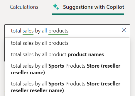 Capture d’écran de l’option Suggestions avec Copilot avec la saisie de la valeur « Total des ventes par tous les produits » et des calculs suggérés.