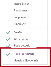 Image montrant le menu contextuel du signet avec Tous les objets visuels et Objets visuels sélectionnés.