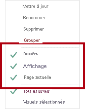 Image montrant le menu contextuel du signet, avec Données, Affichage et Page actuelle activés.