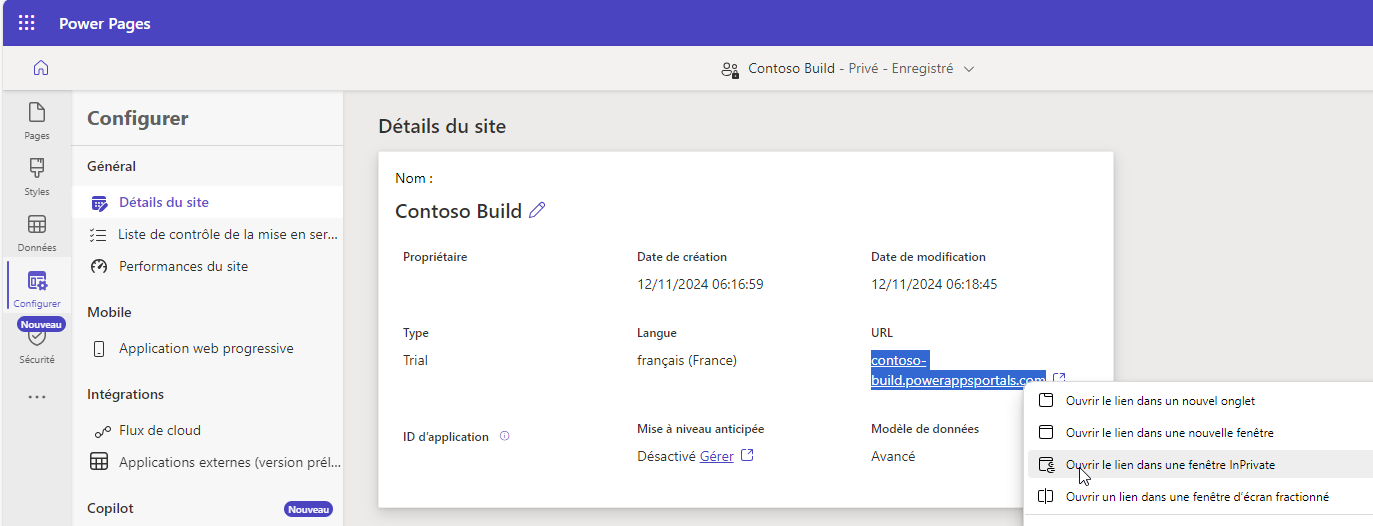 Capture d’écran de l’espace de travail Configuration avec Détails du site sélectionné. Le menu contextuel s’affiche pour l’URL du site avec l’option Ouvrir dans une fenêtre InPrivate mise en surbrillance.