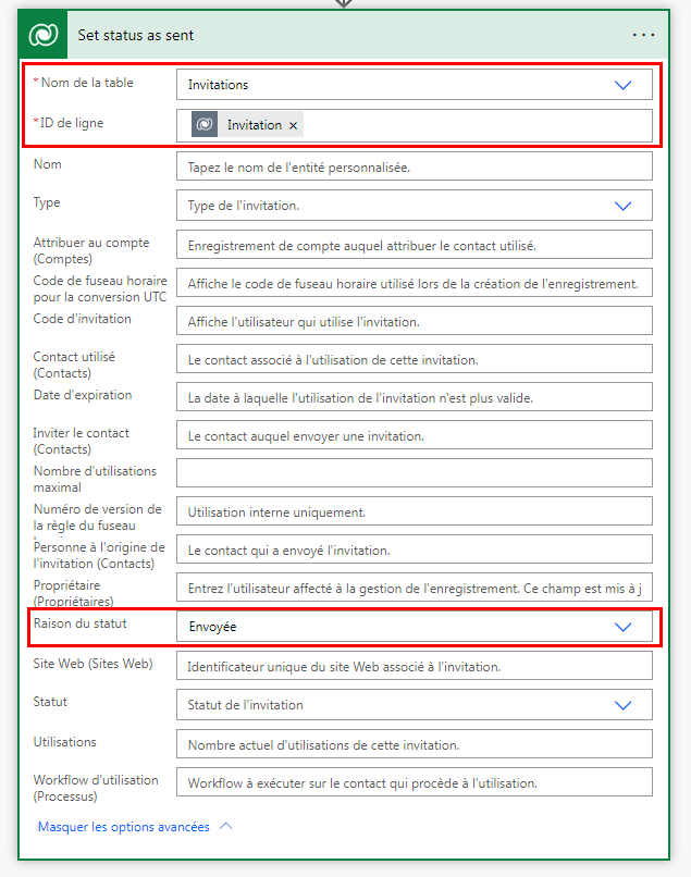 Capture d’écran de la définition de la raison du statut pour l’invitation.