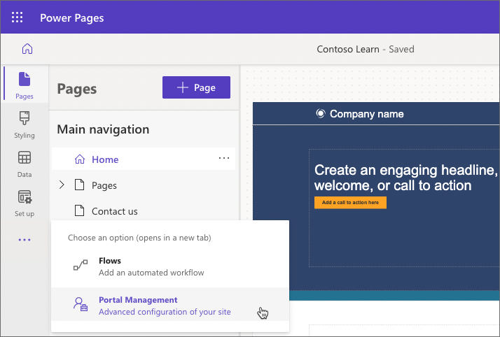 Capture d’écran de l’accès à la Gestion de portail depuis le studio de conception Power Pages.
