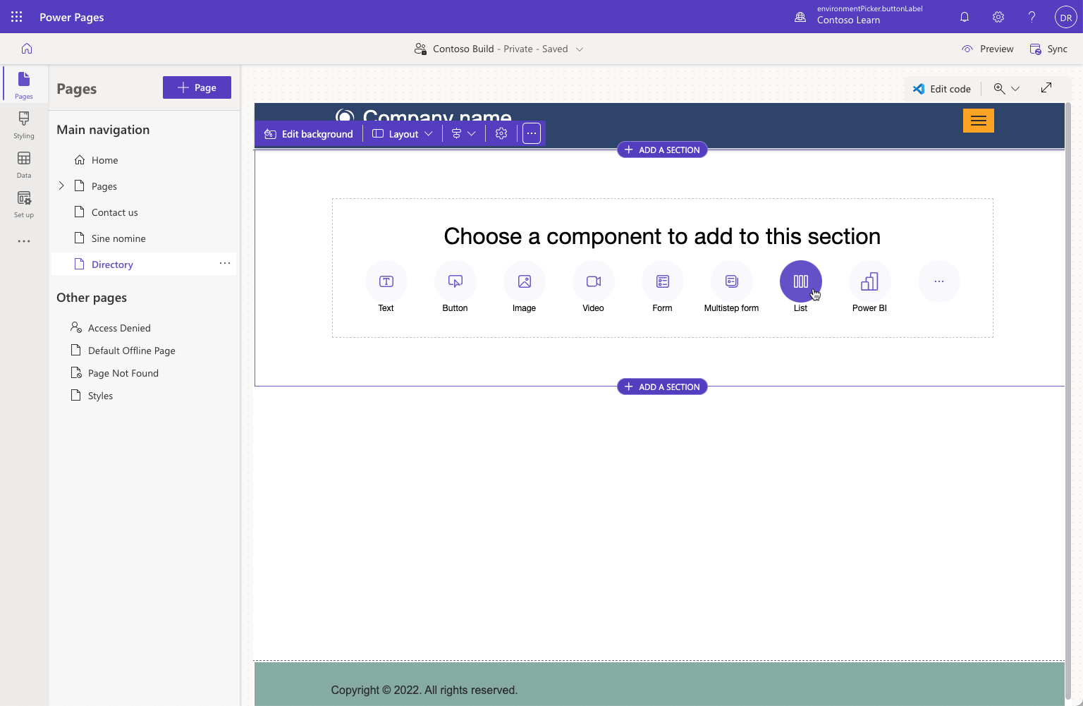 Capture d’écran de la page créée avec la disposition Démarrer à partir de zéro.