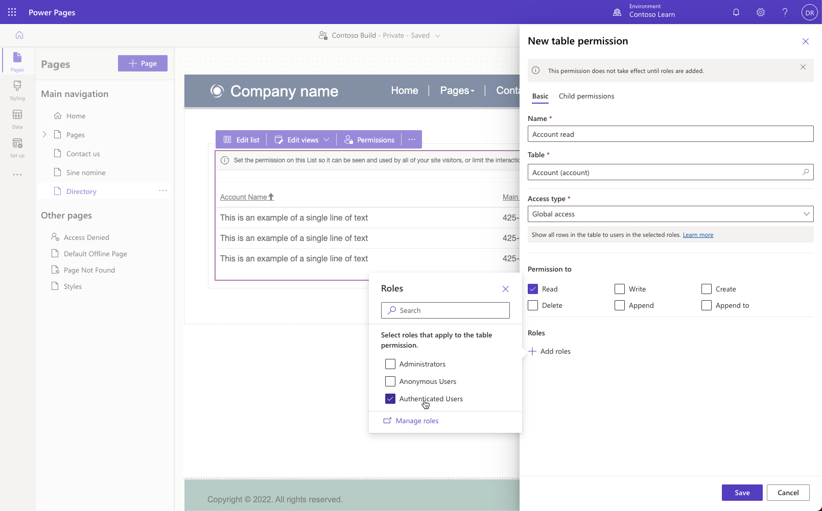 Capture d’écran des autorisations de table configurées pour la table des comptes.