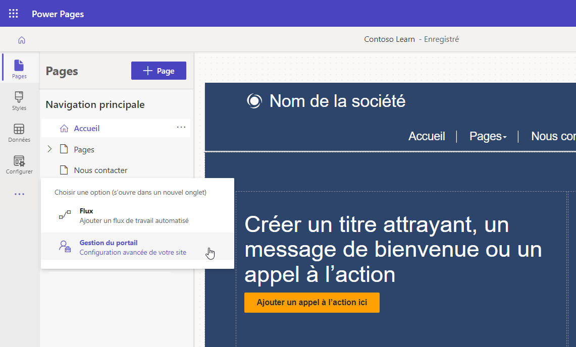 Capture d’écran de l’accès à la Gestion de portail depuis le studio de conception Power Pages.