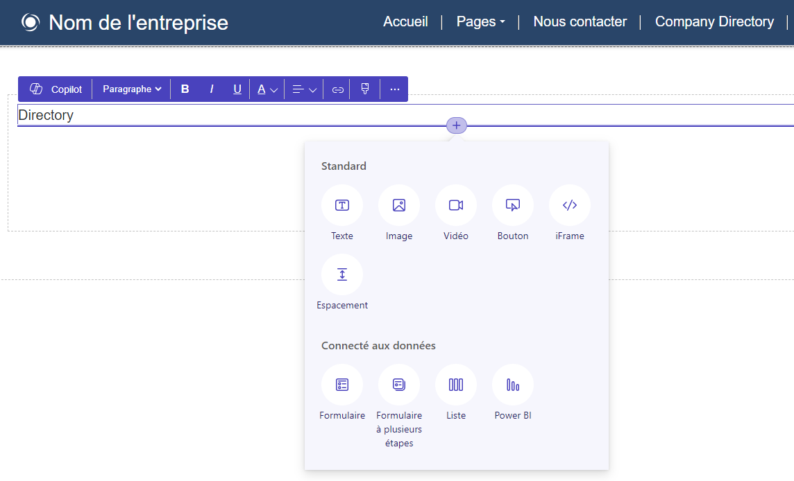 Capture d’écran de l’interface Insérer un composant.