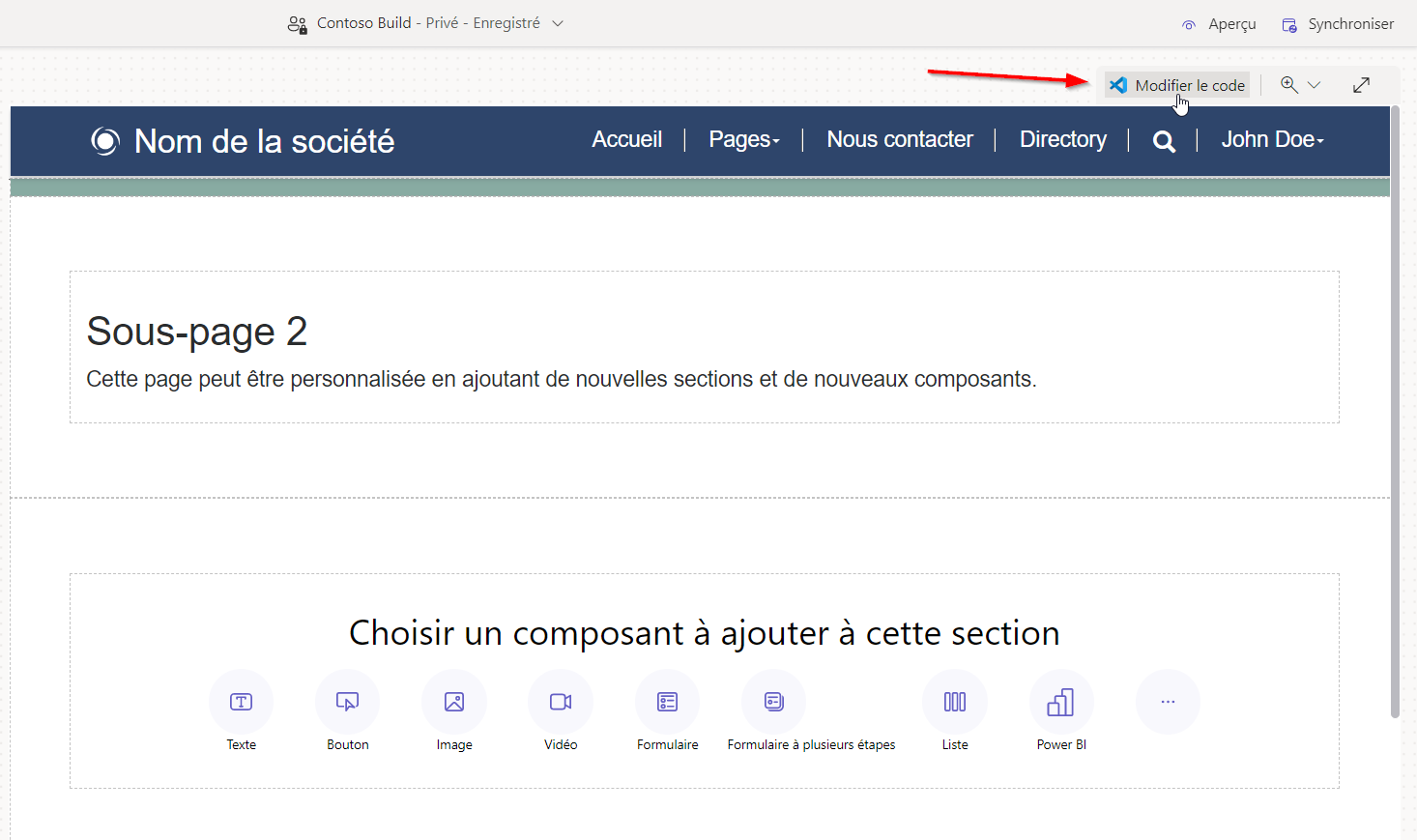 Capture d’écran de l’accès à l’éditeur Visual Studio Code pour le Web disponible dans le studio de conception.