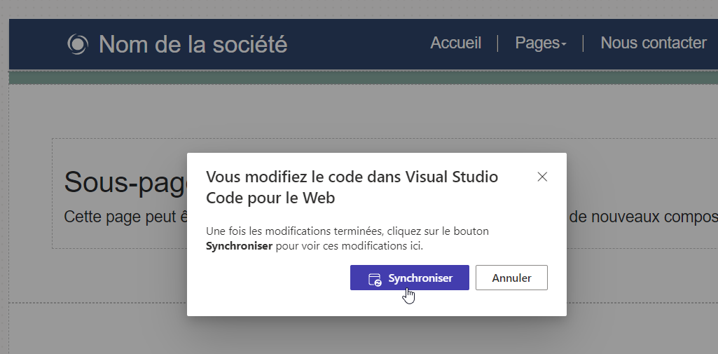 Capture d’écran d’une invite demandant de synchroniser le contenu de la page une fois la modification terminée dans Visual Studio Code pour le Web