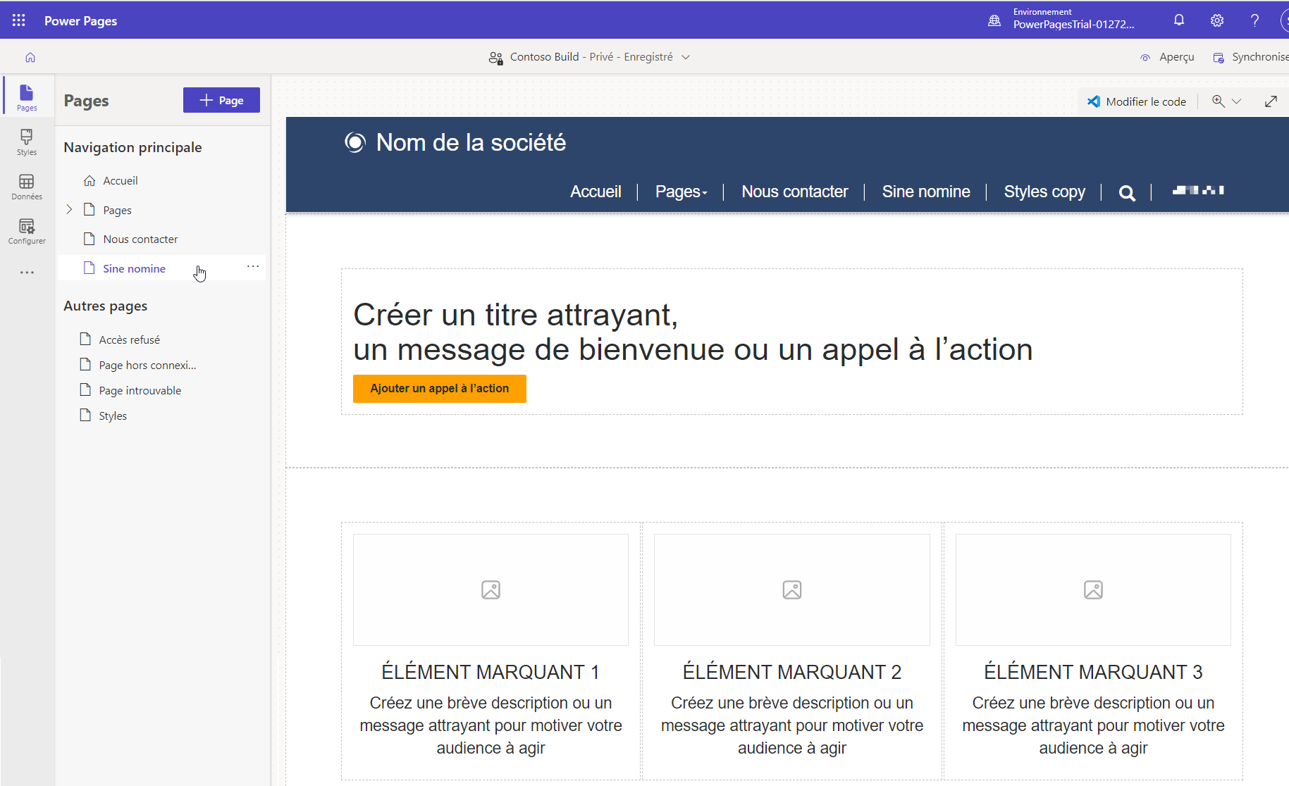 Capture d’écran de la page créée avec la disposition de la page d’arrivée.