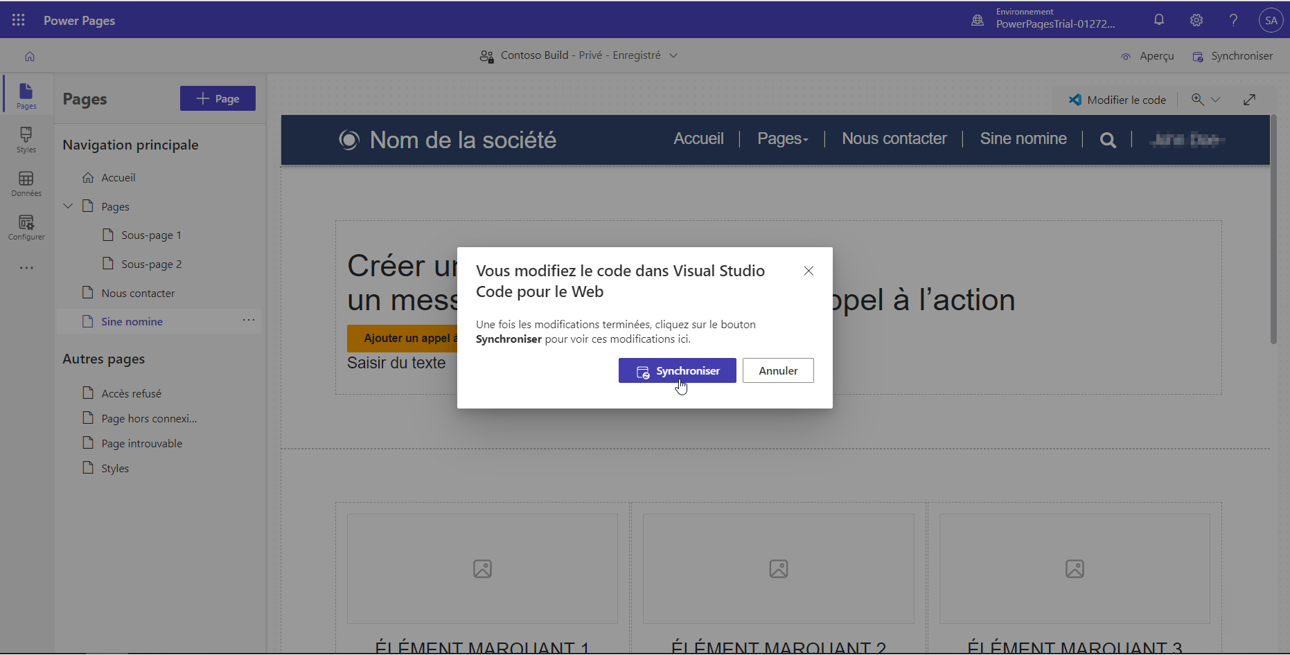 Capture d’écran d’une boîte de dialogue invitant à synchroniser le contenu de la page entre l’éditeur Visual Studio Code pour le Web et le canevas du studio de conception.