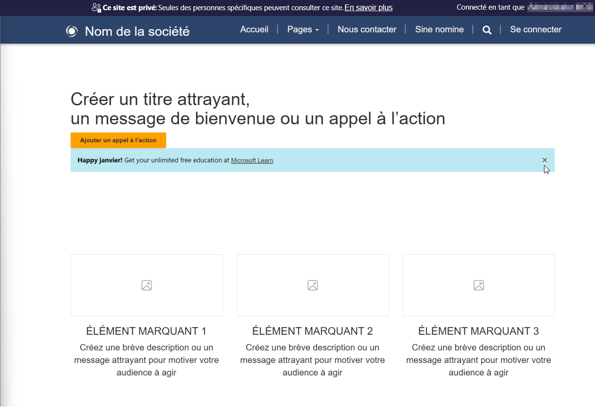 Capture d’écran d’une page Power Pages présentant divers contenus d’amorçage.