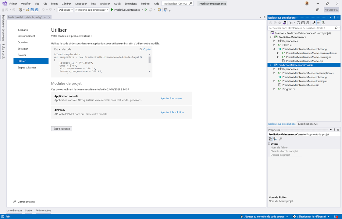 Capture d'écran montre des sélections pour consommer un modèle Machine Learning dans une application console .NET.