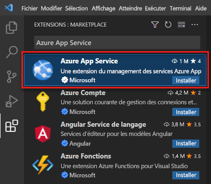 Capture d’écran de Visual Studio Code montrant l’onglet Extensions avec l’extension Azure App Service mise en surbrillance dans les résultats de la recherche.