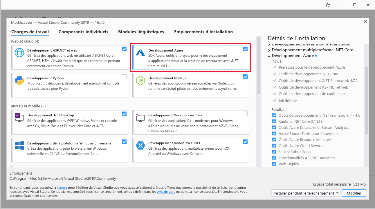 Capture d’écran montrant les charges de travail de Visual Studio Installer avec Développement Azure mis en évidence.