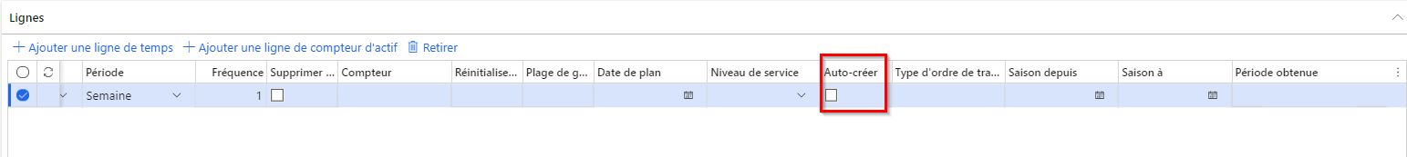 Capture d’écran du raccourci Lignes et de la case à cocher Création automatique.