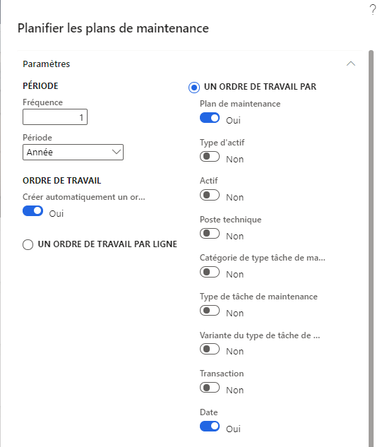 Capture d’écran de la boîte de dialogue Planifier des plans de maintenance.