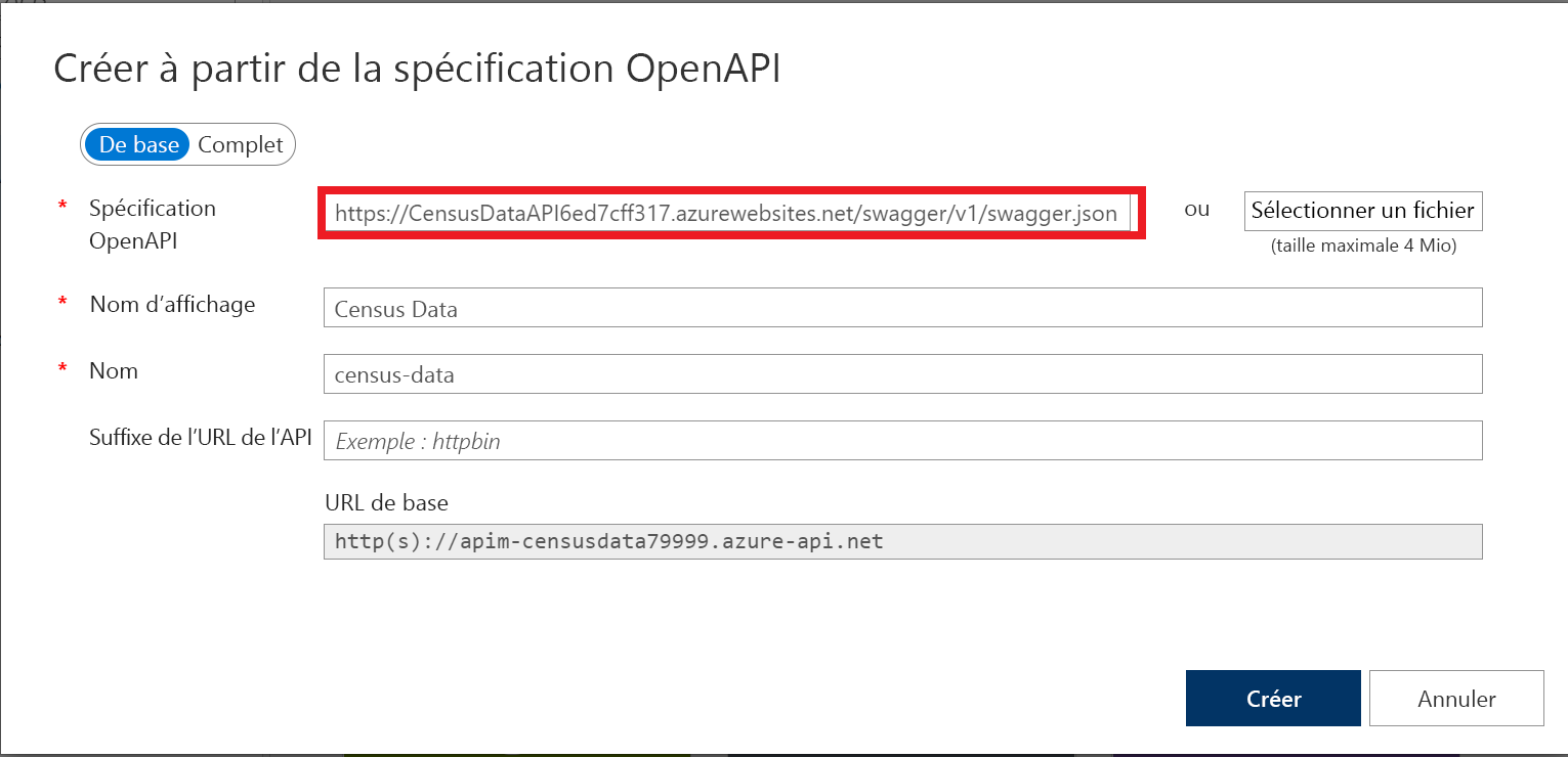 Capture d’écran de la boîte de dialogue Créer à partir de la spécification OpenAPI avec l’URL JSON Swagger entrée.