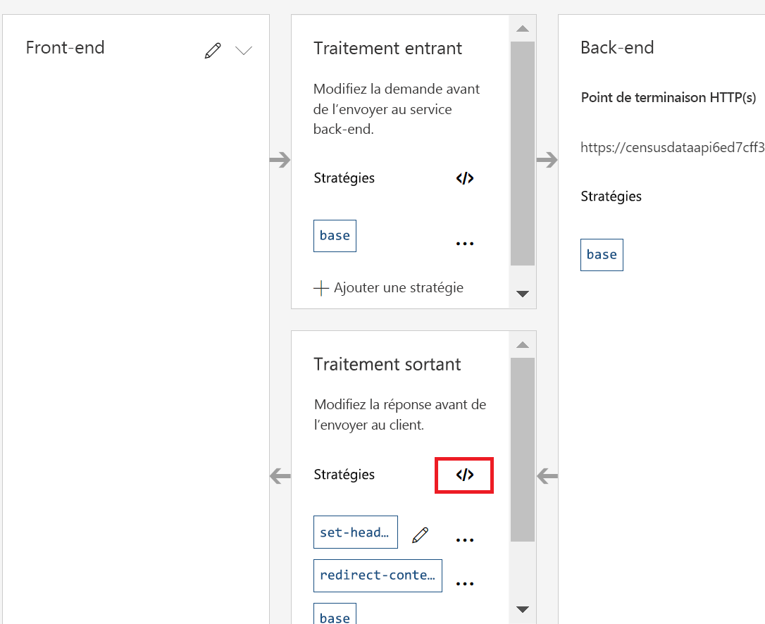 Capture d’écran de l’onglet Conception avec l’icône Stratégies mise en évidence dans la section Traitement sortant.