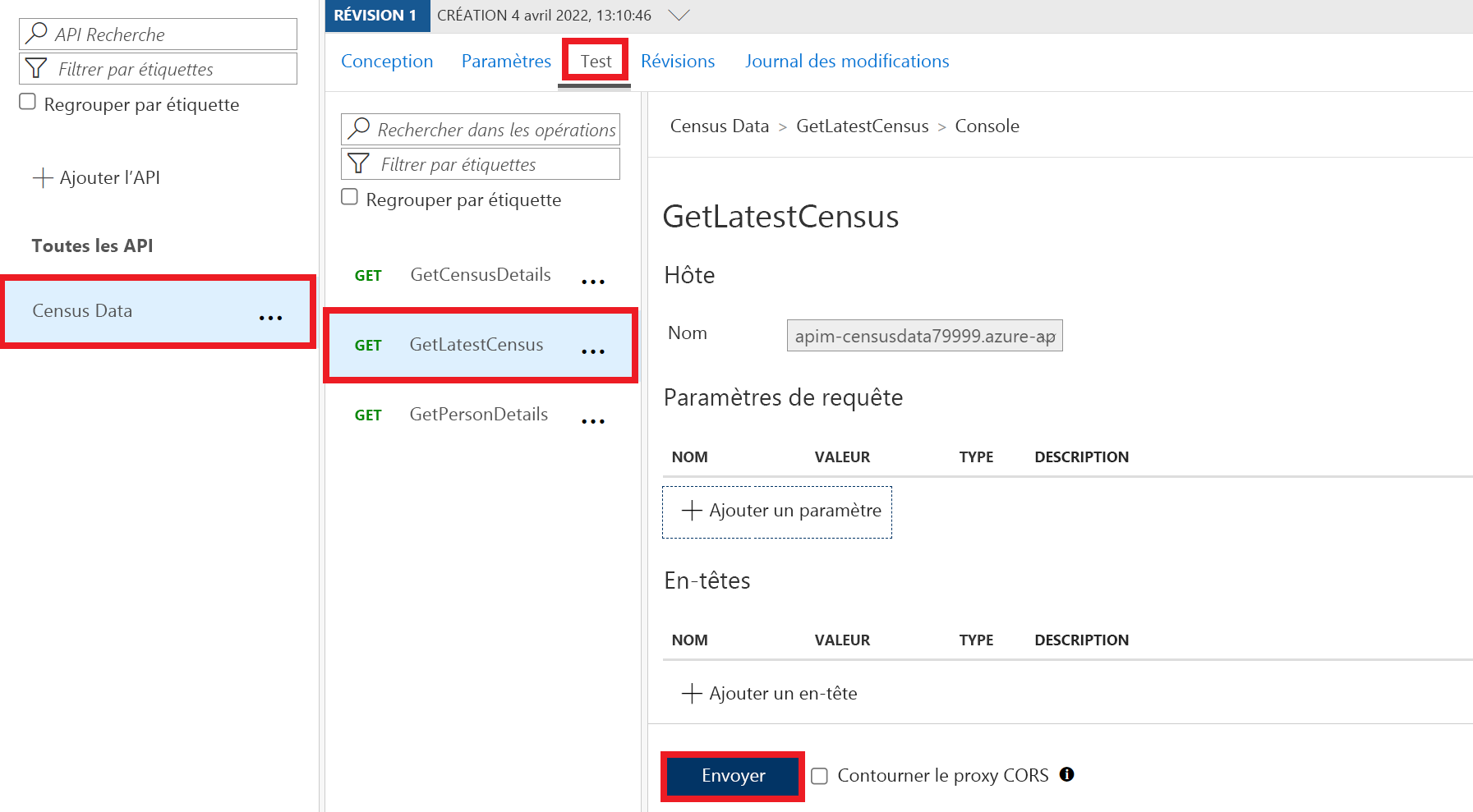 Screenshot of the test screen for the GetLatestCensus operation of the Census Data API. The Send button is highlighted.