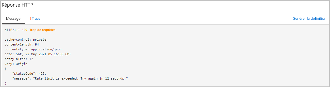 Capture d’écran d’une réponse HTTP montrant une erreur 429 Trop de demandes.
