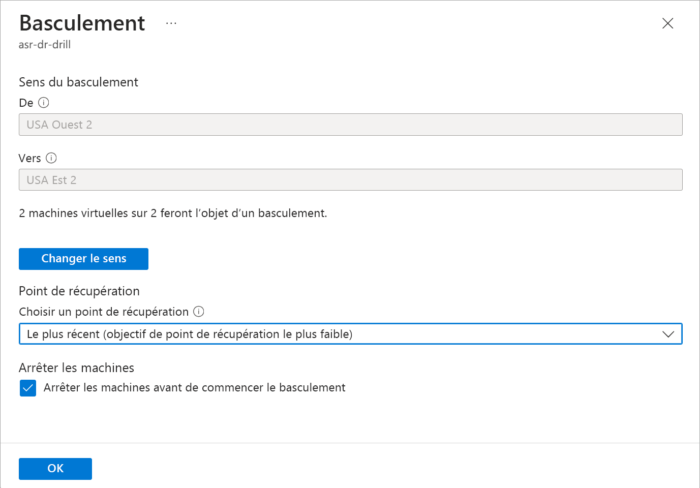 Capture d’écran des options de basculement.