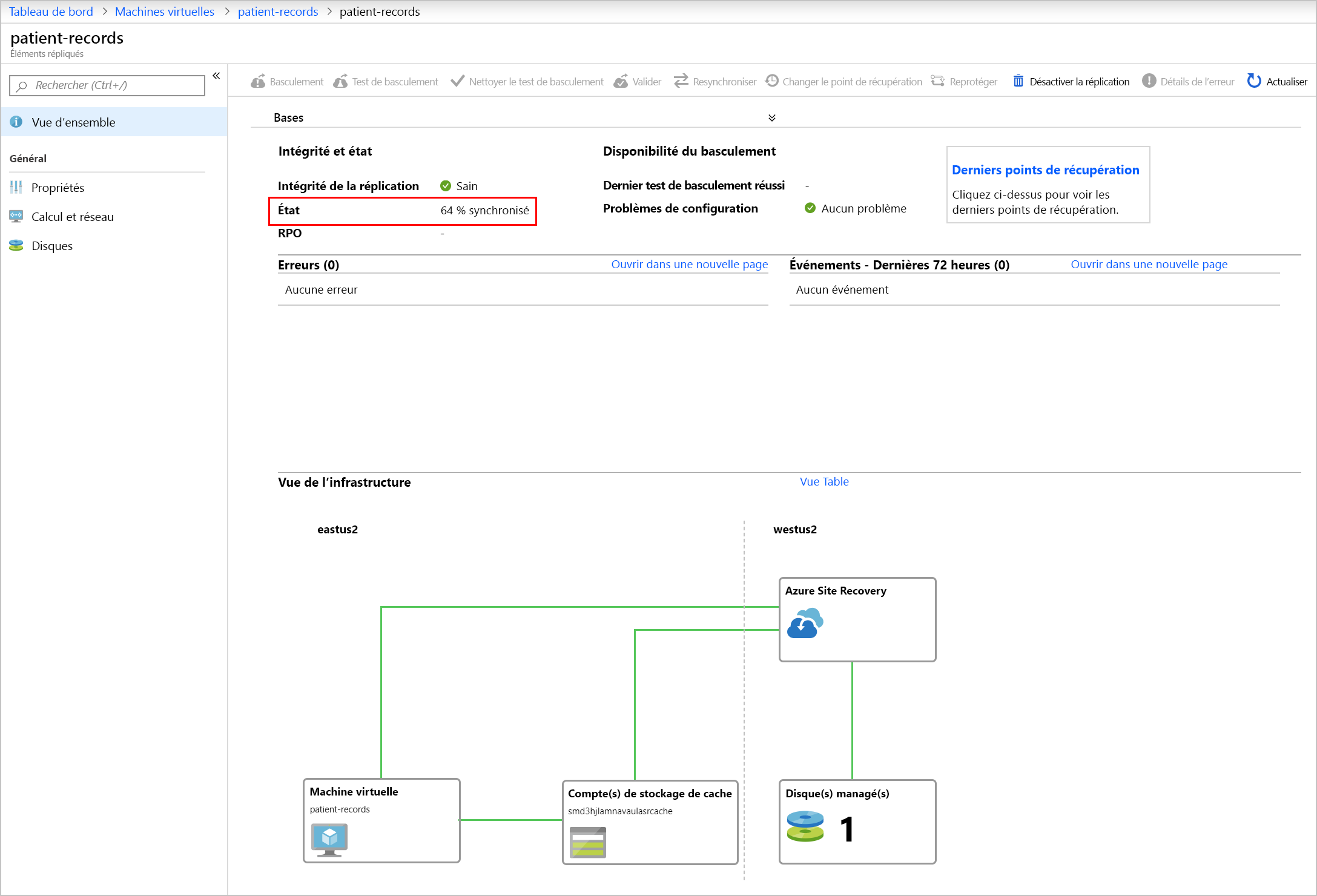 Capture d’écran montrant l’état de la machine virtuelle patient-records, avec le pourcentage synchronisé mis en évidence.