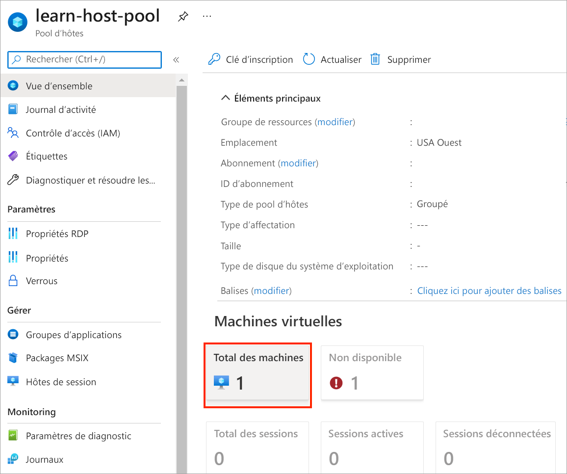 Screenshot that shows the host pool overview page with the total machines button in the center pane.