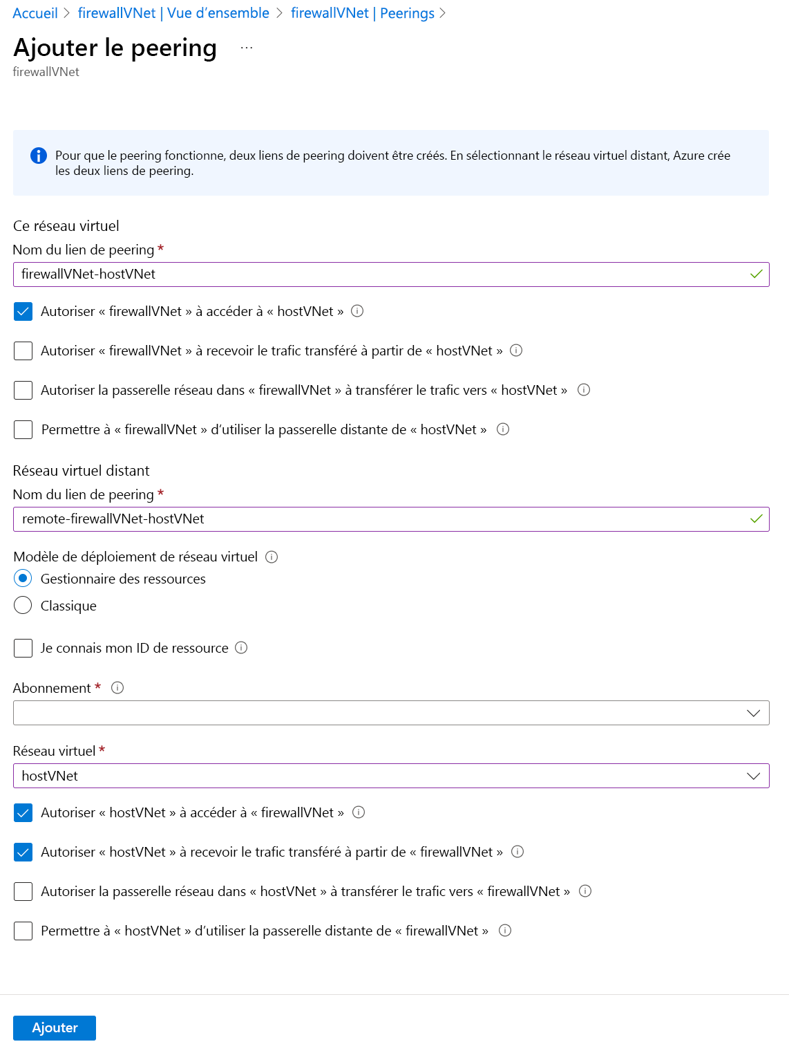 Capture d’écran montrant les informations à inclure lors de l’ajout d’un Peering.