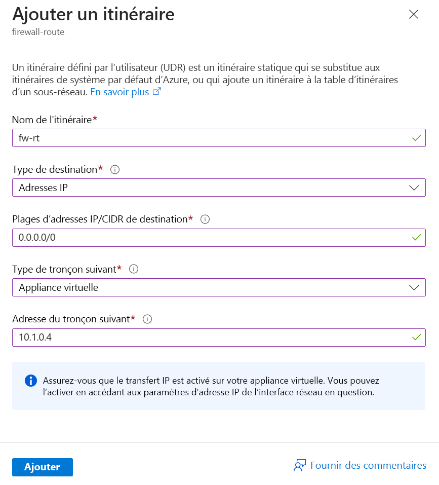 Screenshot that shows the information to include when adding a route.