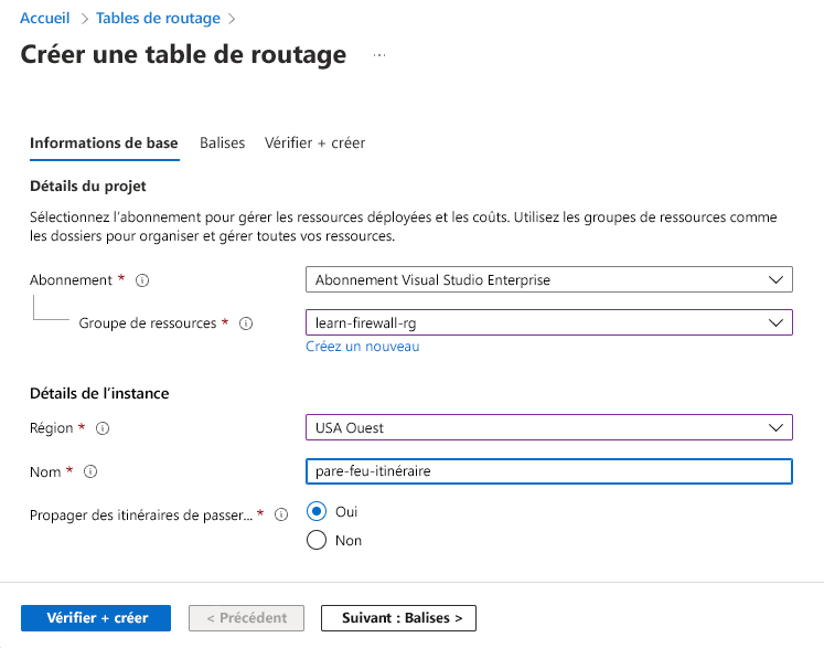 Screenshot that shows the information to include when creating a route table.