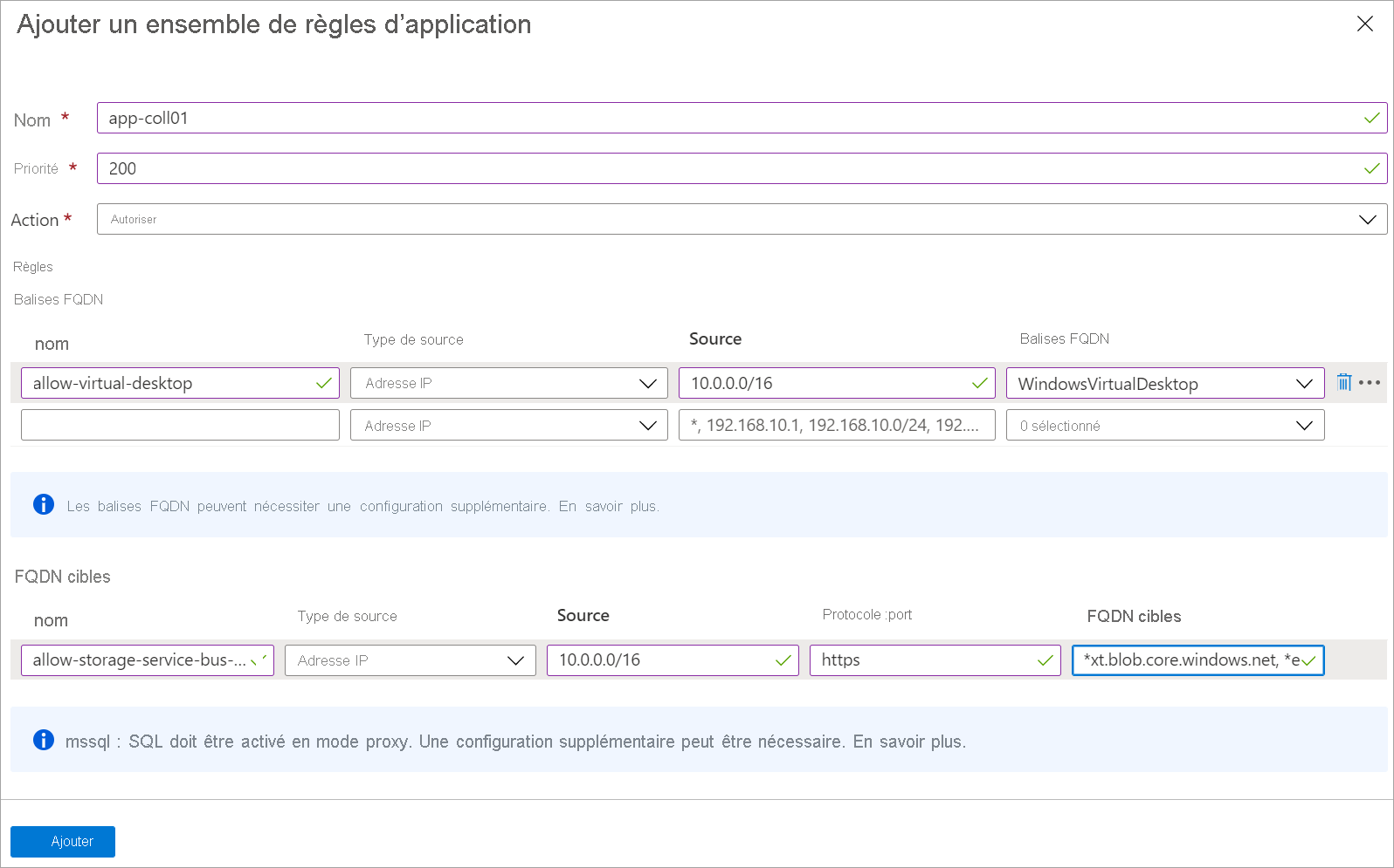 Screenshot that shows the application rule collection form filled out.