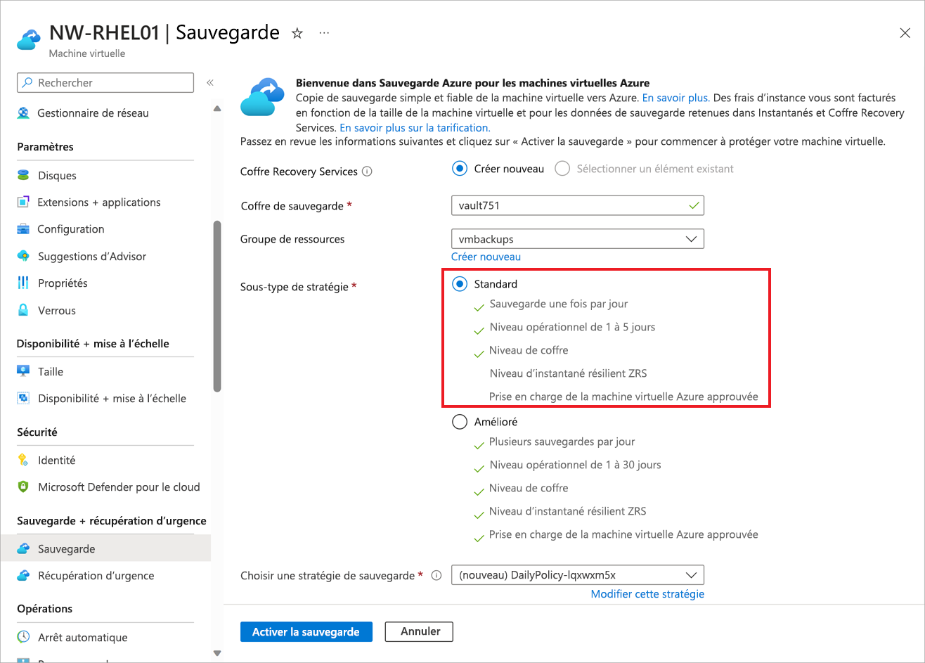 Capture d’écran montrant les options de sauvegarde.