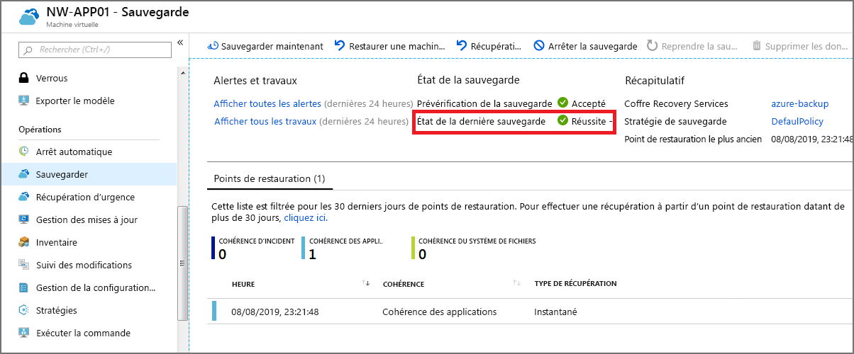 Capture d’écran de la page Sauvegarde après sa configuration.