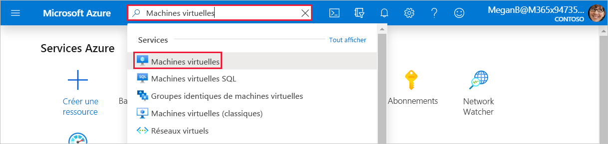 Capture d’écran montrant la recherche de machines virtuelles.