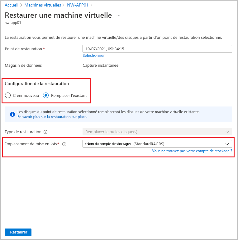 Capture d’écran montrant les options de configuration de la restauration.