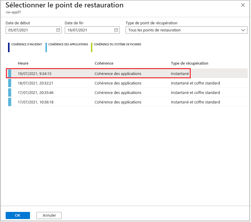 Capture d’écran de la sélection d’un point de restauration.