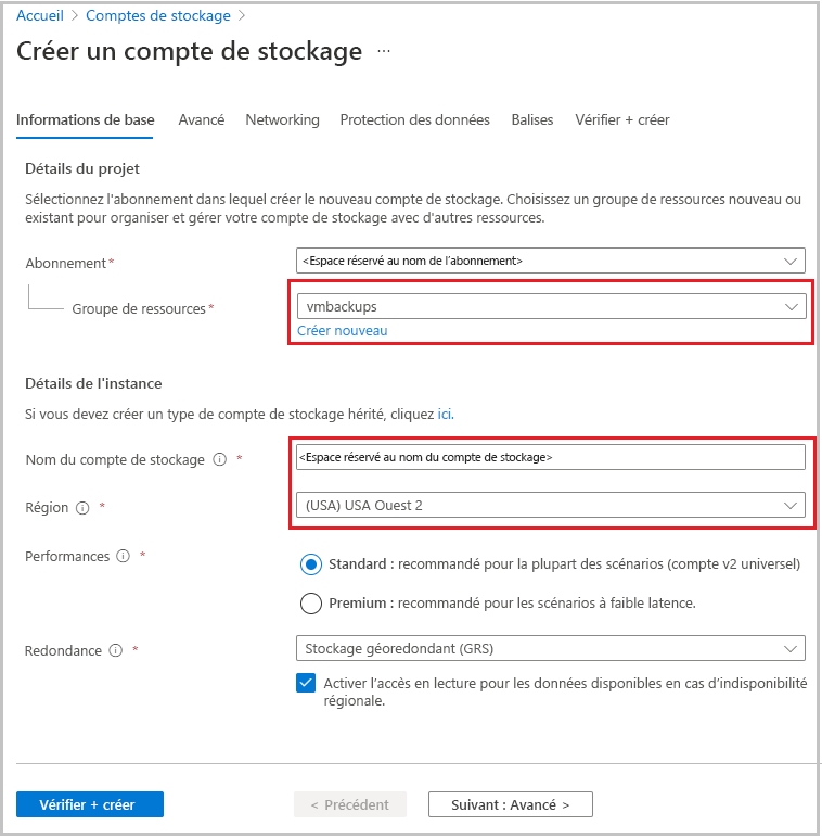 Spécifier les options du compte de stockage.