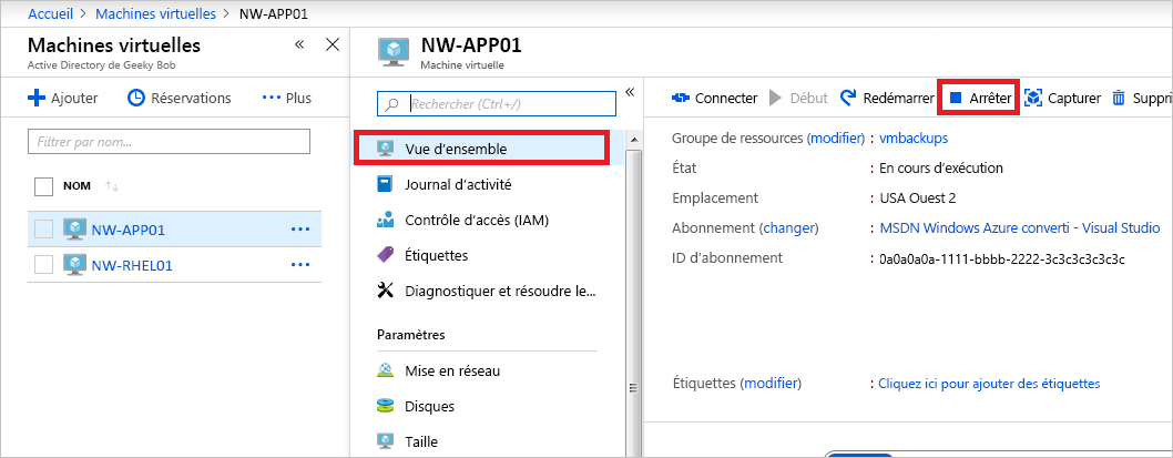 Capture d’écran indiquant comment arrêter la machine virtuelle.