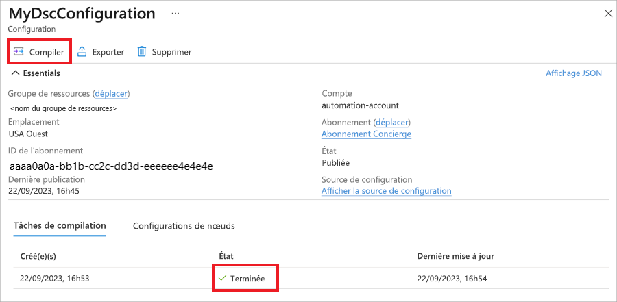 Capture d’écran du Portail Azure montrant l’état du travail de compilation pour la configuration.