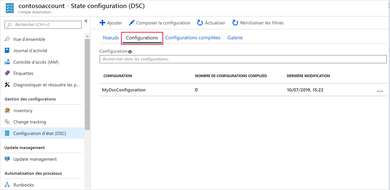 Capture d’écran du Portail Azure, montrant les configurations d’état disponibles dans le volet Configuration d’état (DSC).