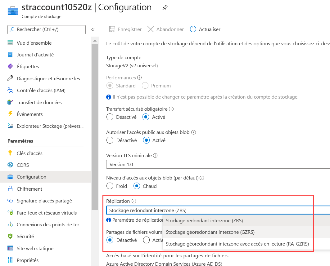 Screenshot of the storage account configuration, where you can change the replication type from ZRS to GZRS.