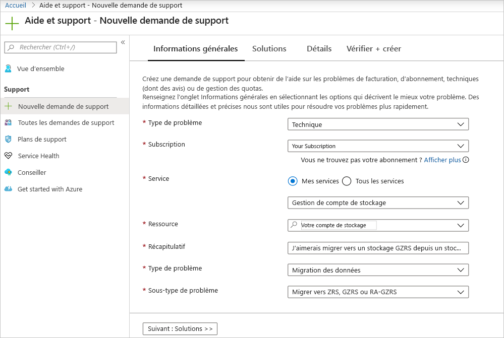 Screenshot of an example Azure support ticket where you can request the service: storage account management, problem type: data migration, and problem subtype: migrate to ZRS, GRS, or RA-GZRS.