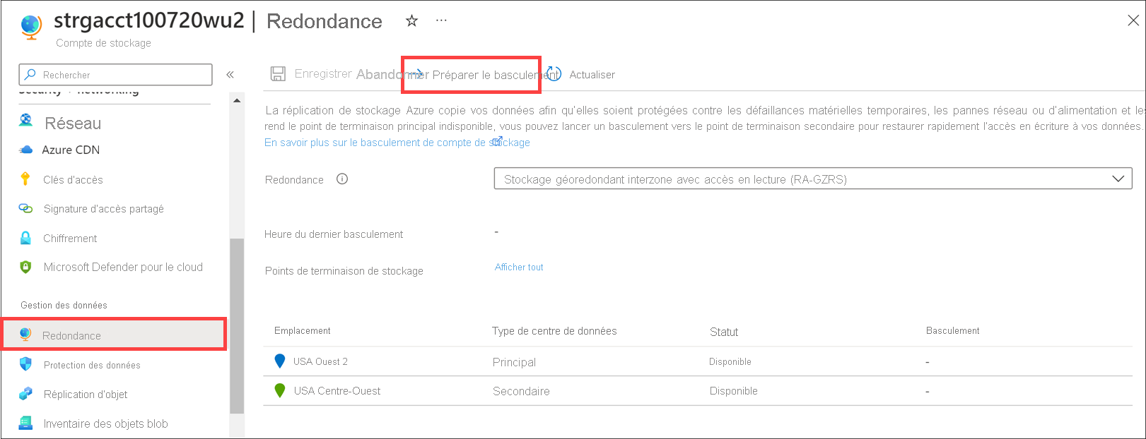 Screenshot of the Prepare for failover button on Storage account > Redundancy in the Azure portal.